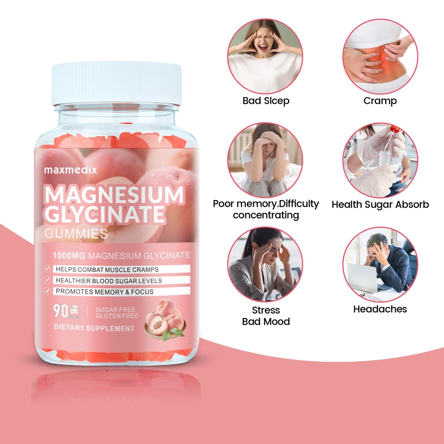 Magnesium Glycinate Gummies 1000mg – Sugar Free Potassium Magnesium Chewables for Sleep & Relaxation | 90 Peach Gummies