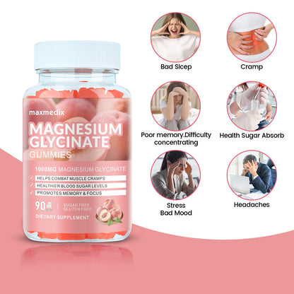Magnesium Glycinate Gummies 1000mg – Sugar Free Potassium Magnesium Chewables for Sleep & Relaxation | 90 Peach Gummies