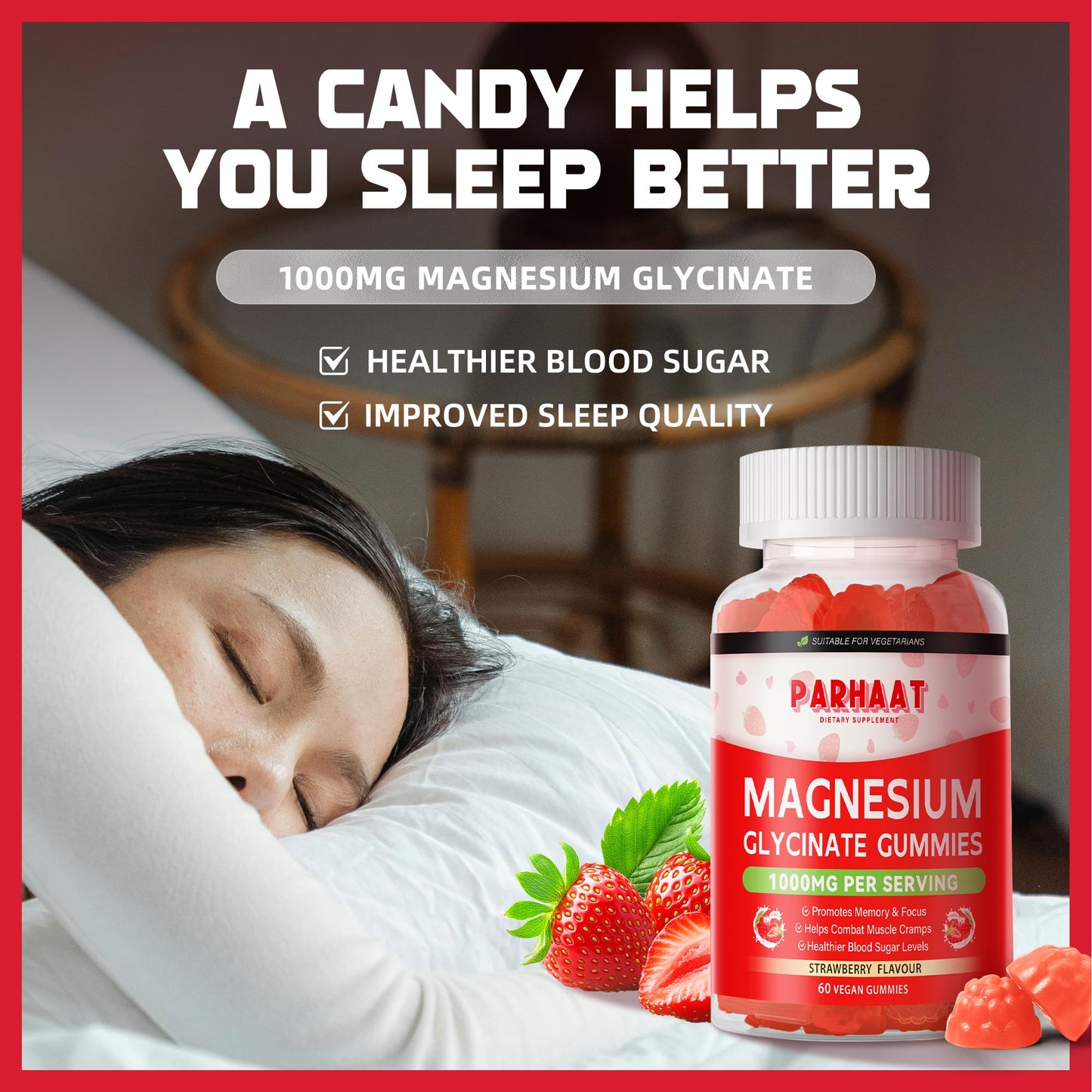 Magnesium Glycinate Gummies - Sugar Free Magnesium Potassium Supplement with Vitamin D, B6, CoQ10 for Calm Mood & Sleep Support - 120 Strawberry Chews