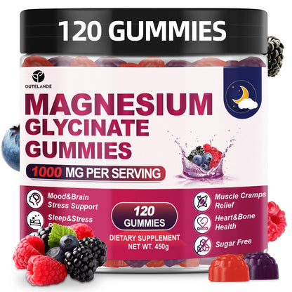 Magnesium Glycinate Gummies 120ct – 1000 mg, Sleep Support, Vegan, Sugar-Free (Raspberry-Blackberry-Blueberry)