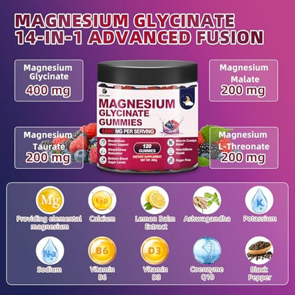 Magnesium Glycinate Gummies 120ct – 1000 mg, Sleep Support, Vegan, Sugar-Free (Raspberry-Blackberry-Blueberry)
