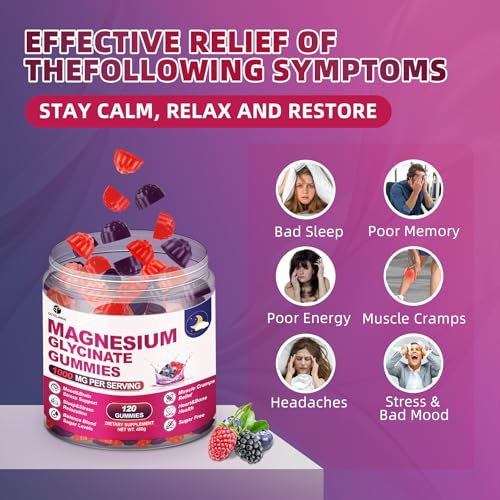 Magnesium Glycinate Gummies 120ct – 1000 mg, Sleep Support, Vegan, Sugar-Free (Raspberry-Blackberry-Blueberry)