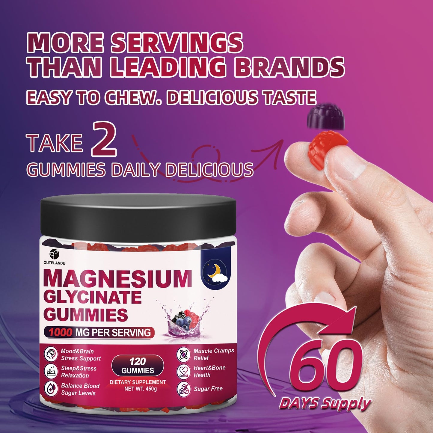 Magnesium Glycinate Gummies 120ct – 1000 mg, Sleep Support, Vegan, Sugar-Free (Raspberry-Blackberry-Blueberry)