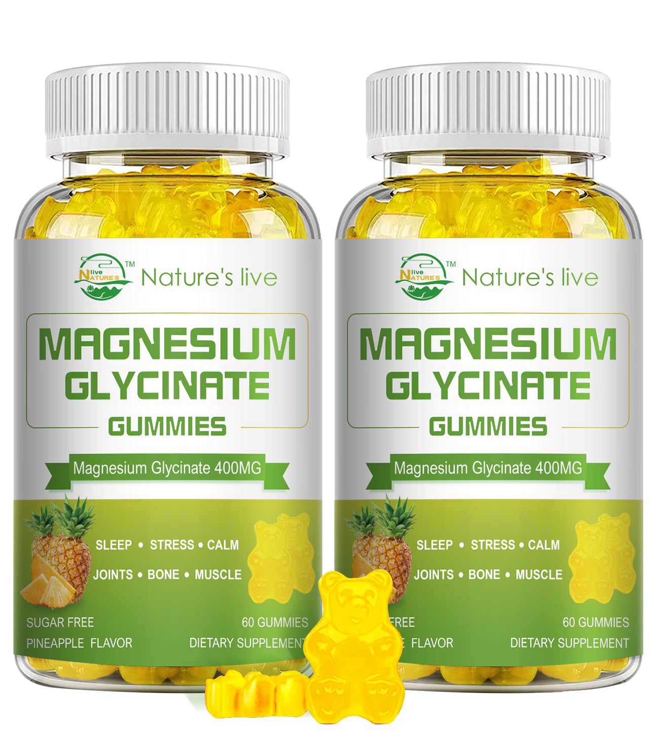 Magnesium Glycinate Gummies – Sugar-Free Magnesium Supplement with 400mg Glycinate + 200mg L-Threonate | 120 Pineapple Gummies