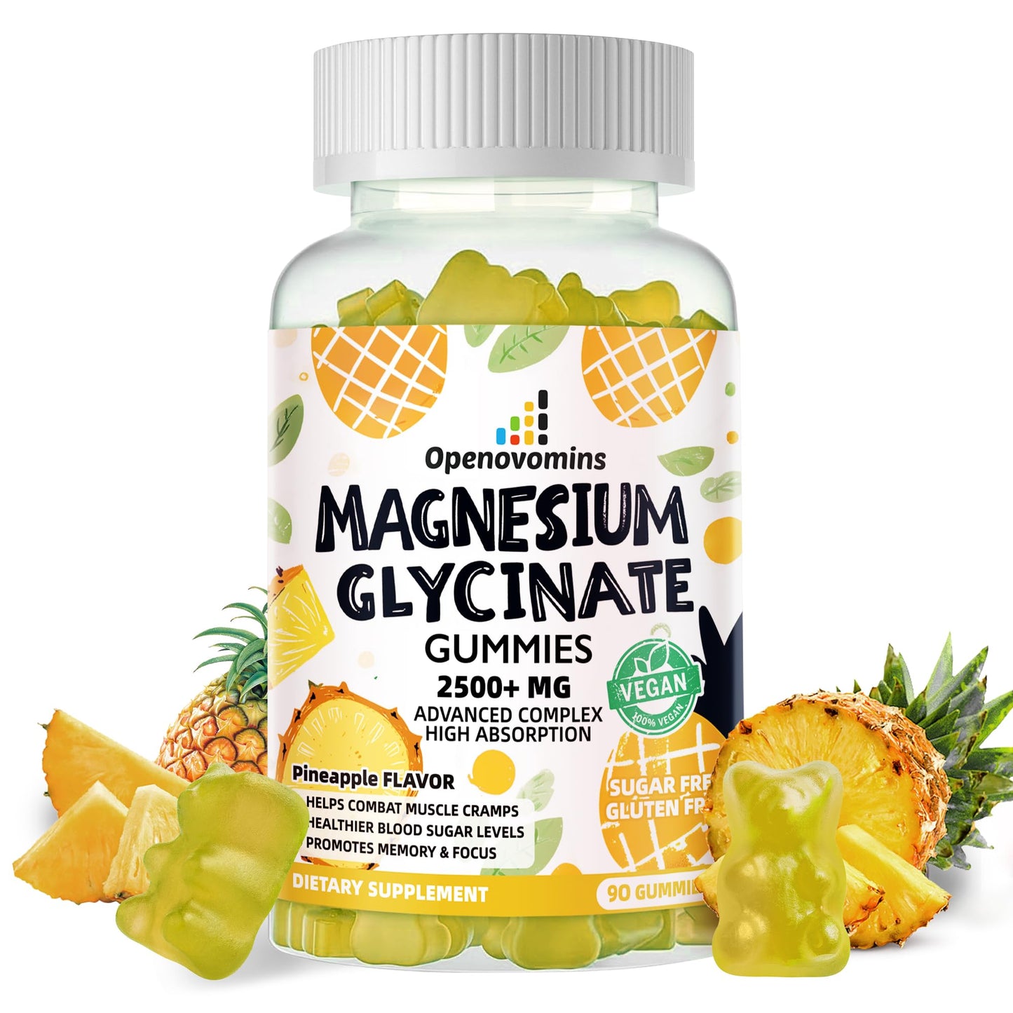 Magnesium Glycinate Gummies 2500mg – Sugar Free Calm Mood & Sleep Support (90 Pineapple Gummies)