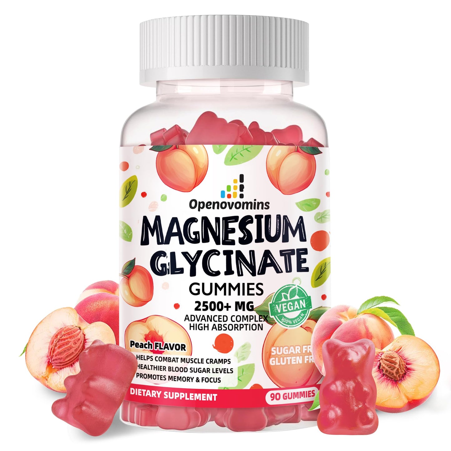 Magnesium Glycinate Gummies 2500mg - Sugar Free Magnesium Potassium with Vitamin D, B6, CoQ10 | 90 Peach Gummies