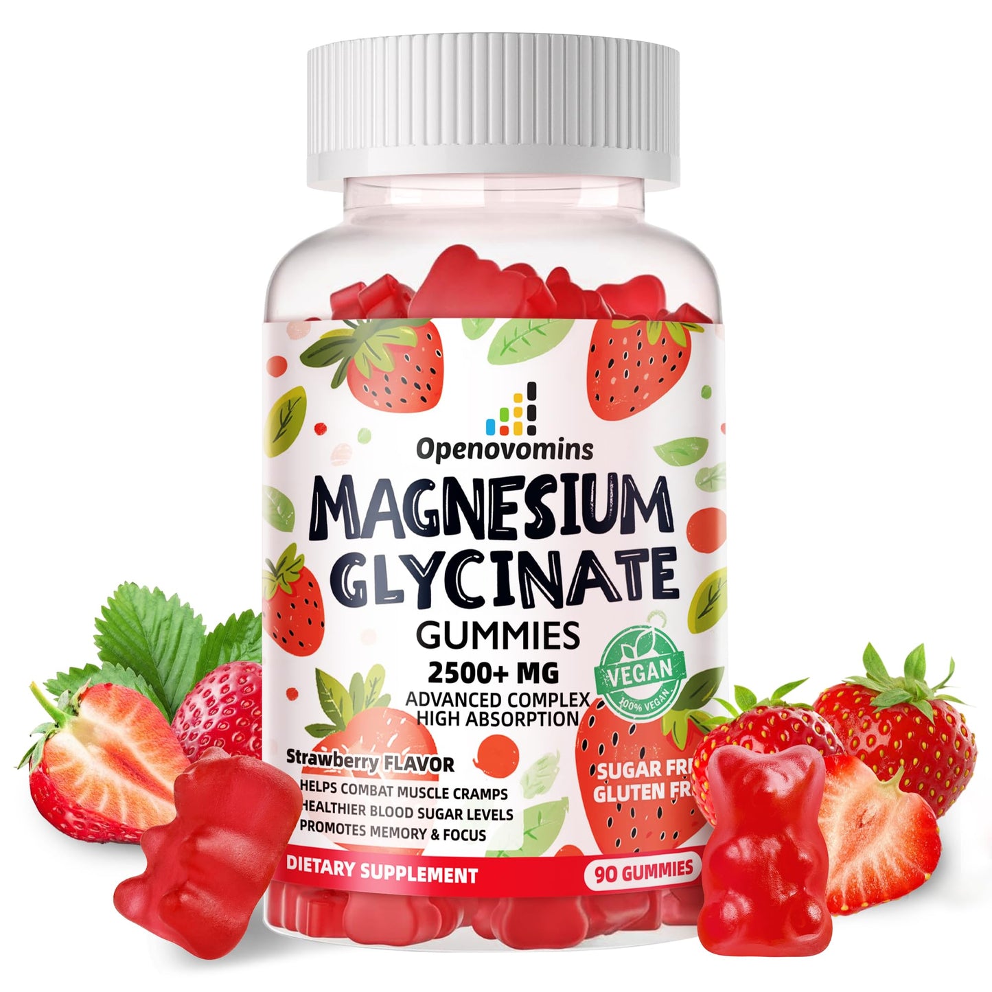 Magnesium Glycinate Gummies 2500mg - Sugar Free Magnesium Potassium Supplement with Vitamin D, B6, CoQ10 for Calm Mood & Sleep Support - 90 Strawberry Gummies