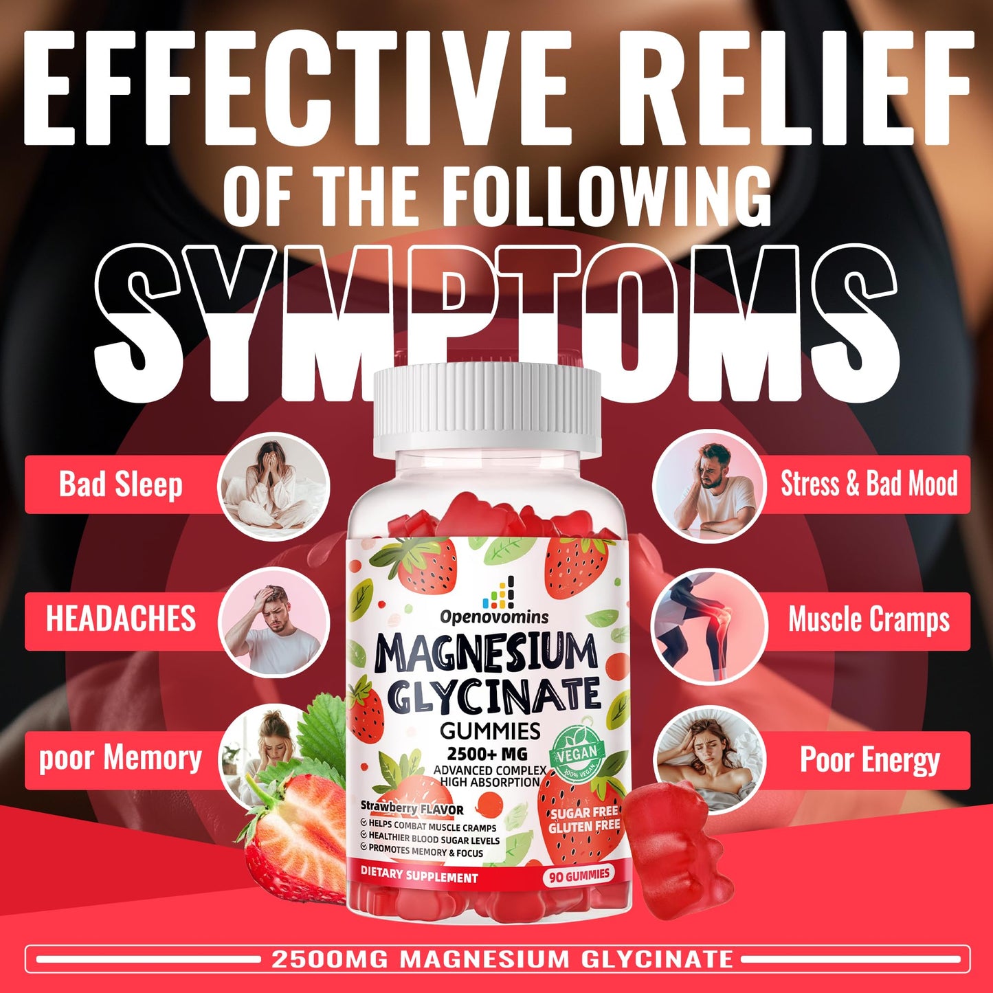 Magnesium Glycinate Gummies 2500mg - Sugar Free Magnesium Potassium Supplement with Vitamin D, B6, CoQ10 for Calm Mood & Sleep Support - 90 Strawberry Gummies