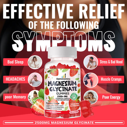 Magnesium Glycinate Gummies 2500mg - Sugar Free Magnesium Potassium Supplement with Vitamin D, B6, CoQ10 for Calm Mood & Sleep Support - 90 Strawberry Gummies