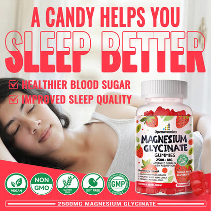 Magnesium Glycinate Gummies 2500mg - Sugar Free Magnesium Potassium Supplement with Vitamin D, B6, CoQ10 for Calm Mood & Sleep Support - 90 Strawberry Gummies