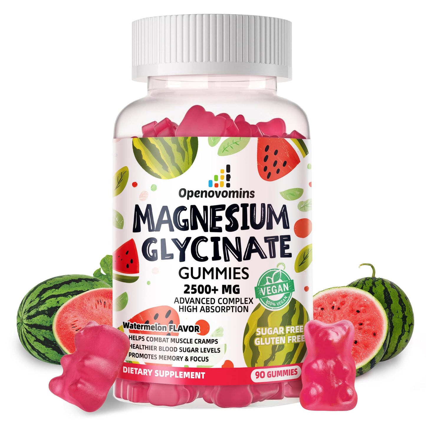 Magnesium Glycinate Gummies 2500mg – Sugar Free Magnesium Potassium Support + Vitamin D, B6, CoQ10 | 90 Watermelon Gummies