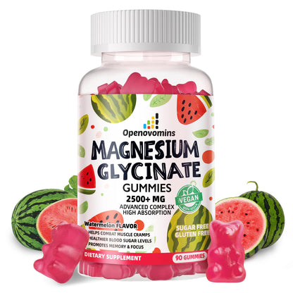 Magnesium Glycinate Gummies 2500mg – Sugar Free Magnesium Potassium Support + Vitamin D, B6, CoQ10 | 90 Watermelon Gummies