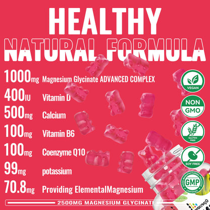Magnesium Glycinate Gummies 2500mg – Sugar Free Magnesium Potassium Support + Vitamin D, B6, CoQ10 | 90 Watermelon Gummies
