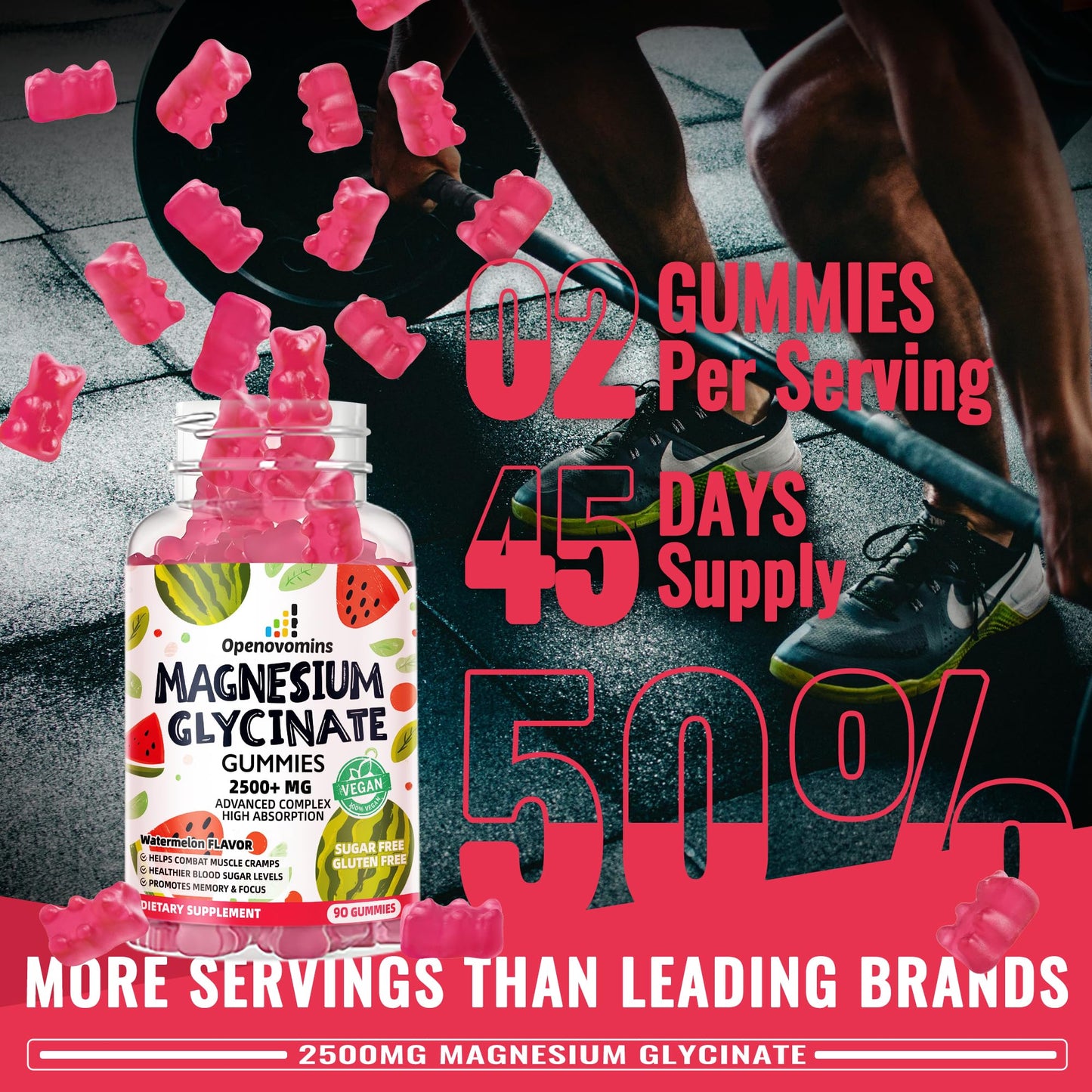 Magnesium Glycinate Gummies 2500mg – Sugar Free Magnesium Potassium Support + Vitamin D, B6, CoQ10 | 90 Watermelon Gummies