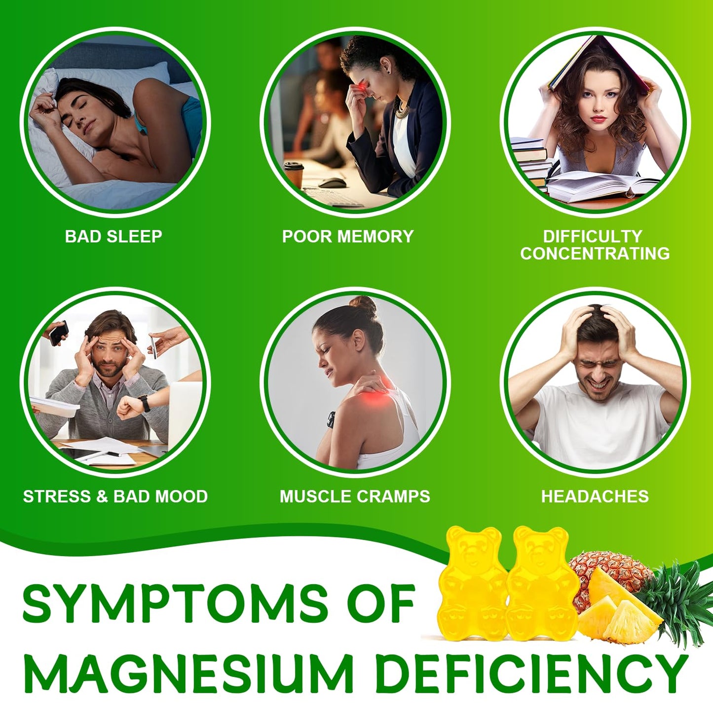 Magnesium Glycinate Gummies – Sugar-Free Magnesium Supplement with 400mg Glycinate + 200mg L-Threonate | 120 Pineapple Gummies