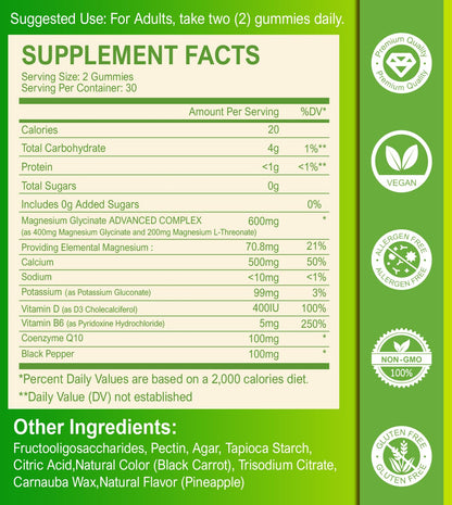 Magnesium Glycinate Gummies – Sugar-Free Magnesium Supplement with 400mg Glycinate + 200mg L-Threonate | 120 Pineapple Gummies