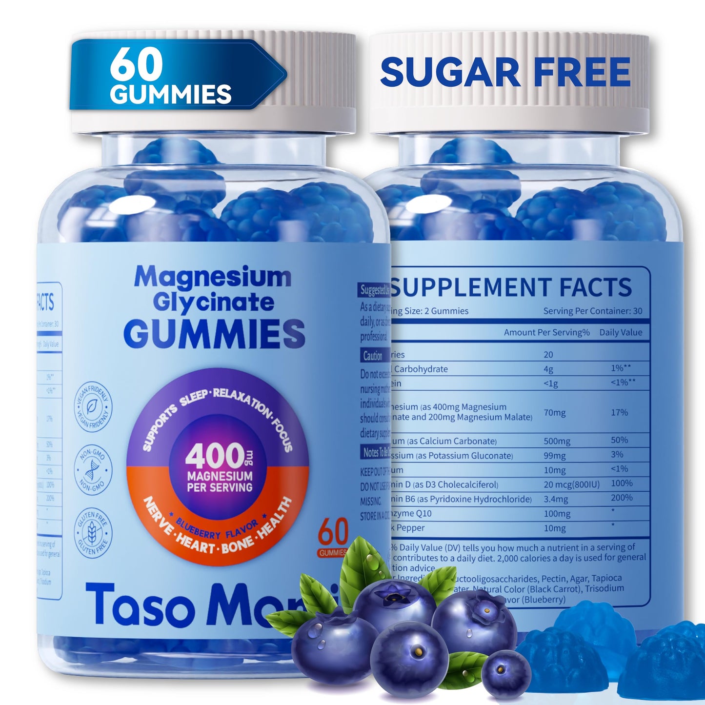 Magnesium Glycinate Gummies 400mg – Sugar Free, Vegan, Blueberry | 60 Gummies