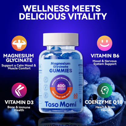 Magnesium Glycinate Gummies 400mg – Sugar Free, Vegan, Blueberry | 60 Gummies