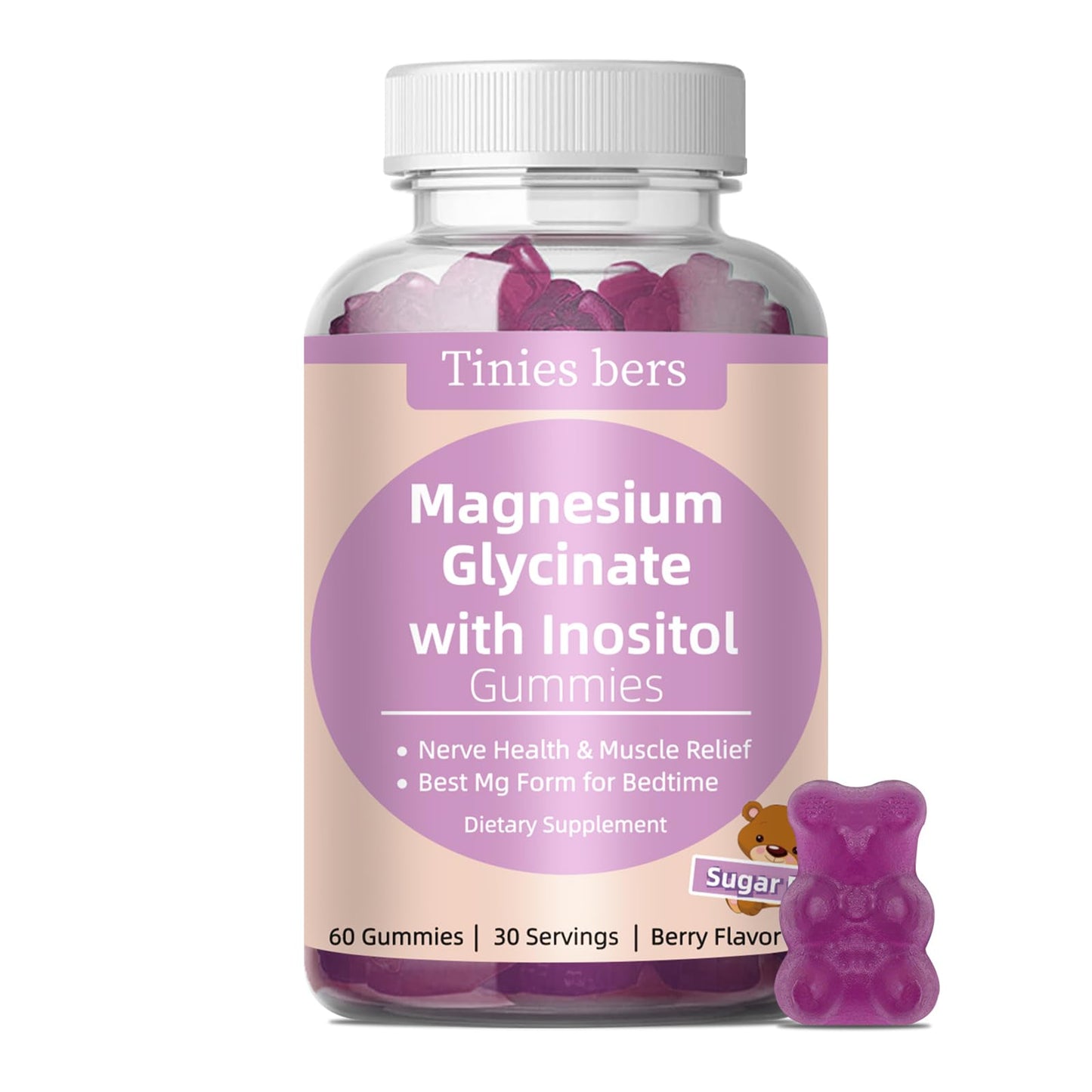 Magnesium Glycinate Gummies 400mg + Inositol 500mg for Women – Sleep & Stress Support, Sugar Free, Gluten Free, Vegan | 60 Gummies