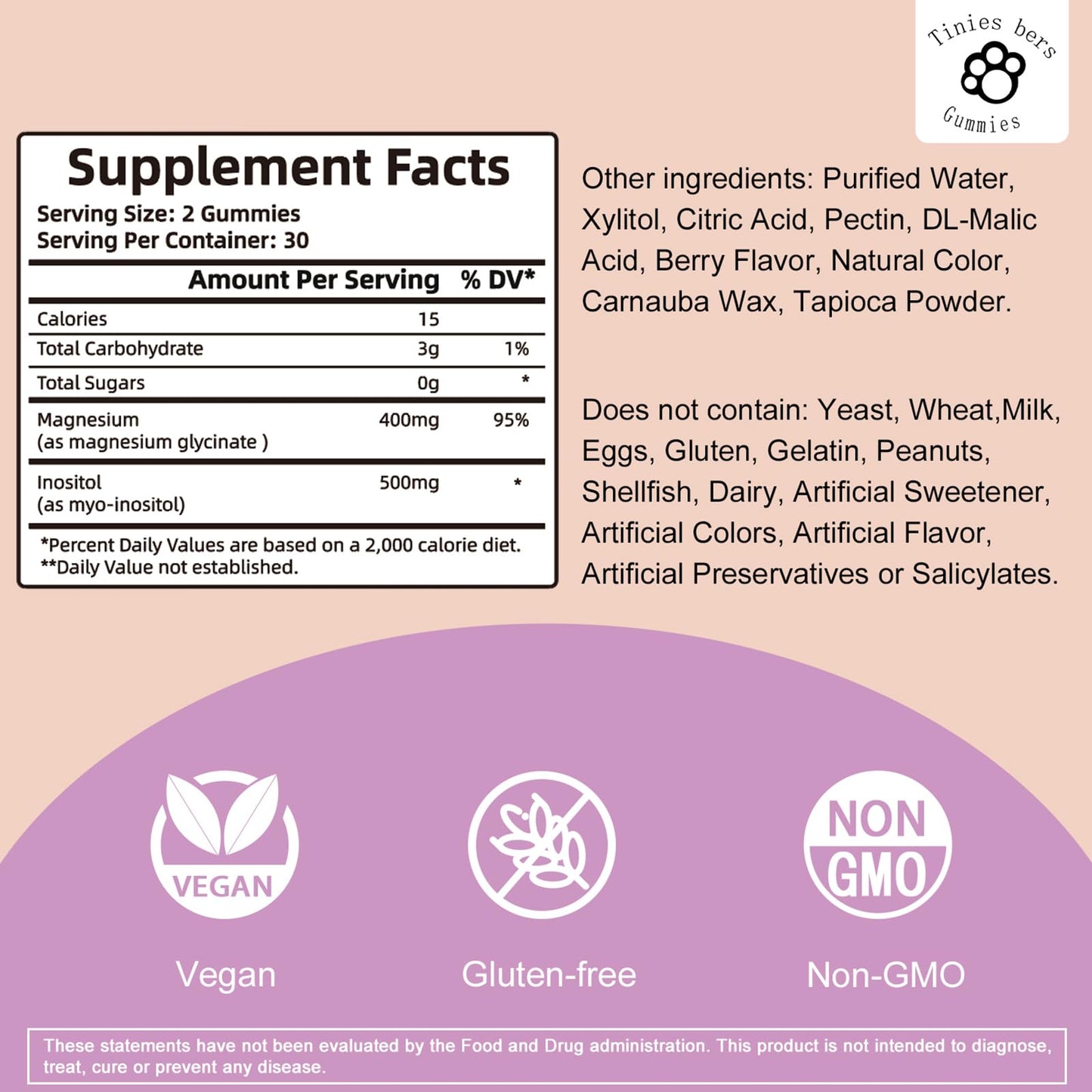 Magnesium Glycinate Gummies 400mg + Inositol 500mg for Women – Sleep & Stress Support, Sugar Free, Gluten Free, Vegan | 60 Gummies