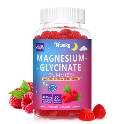 Magnesium Glycinate Gummies 400mg – Sugar Free Vegan (60 Raspberry Chewables) | Sleep, Muscle & Memory Support