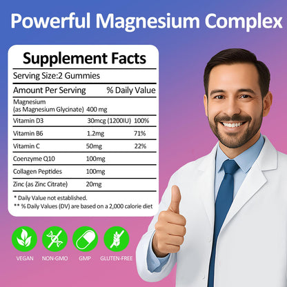 Magnesium Glycinate Gummies 400mg – Sugar Free Vegan (60 Raspberry Chewables) | Sleep, Muscle & Memory Support