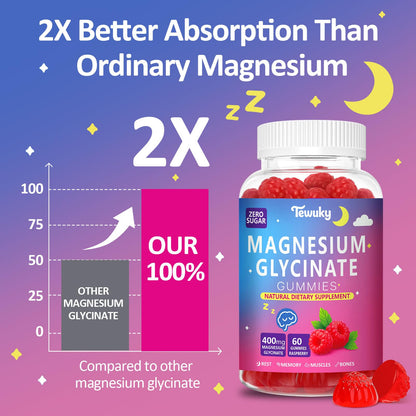 Magnesium Glycinate Gummies 400mg – Sugar Free Vegan (60 Raspberry Chewables) | Sleep, Muscle & Memory Support