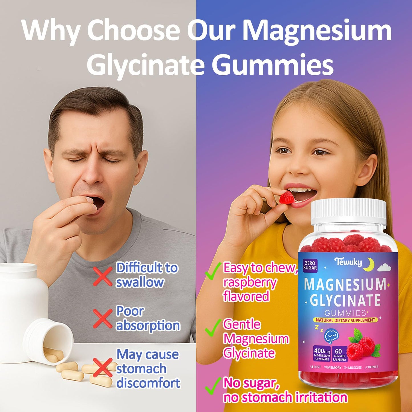 Magnesium Glycinate Gummies 400mg – Sugar Free Vegan (60 Raspberry Chewables) | Sleep, Muscle & Memory Support