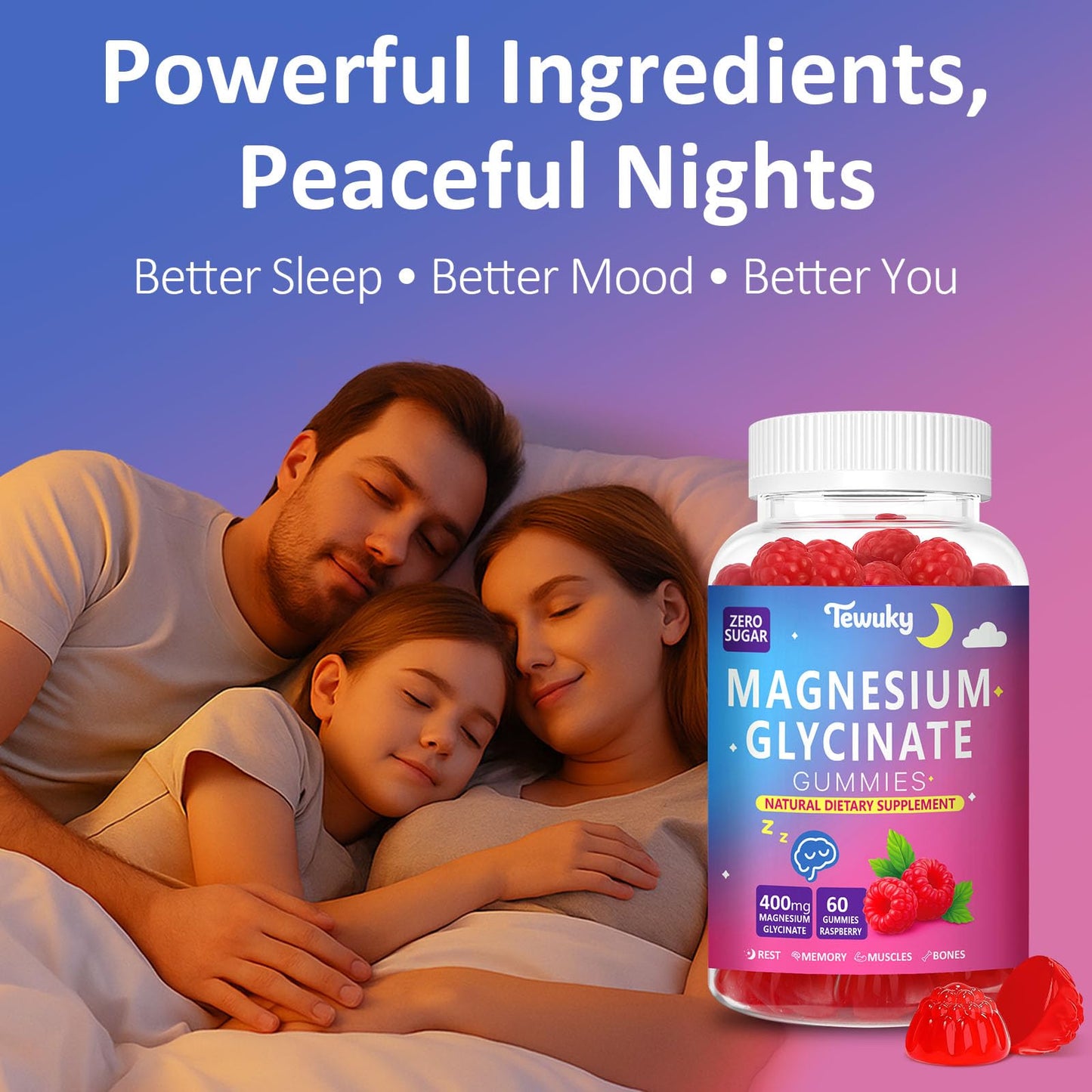 Magnesium Glycinate Gummies 400mg – Sugar Free Vegan (60 Raspberry Chewables) | Sleep, Muscle & Memory Support