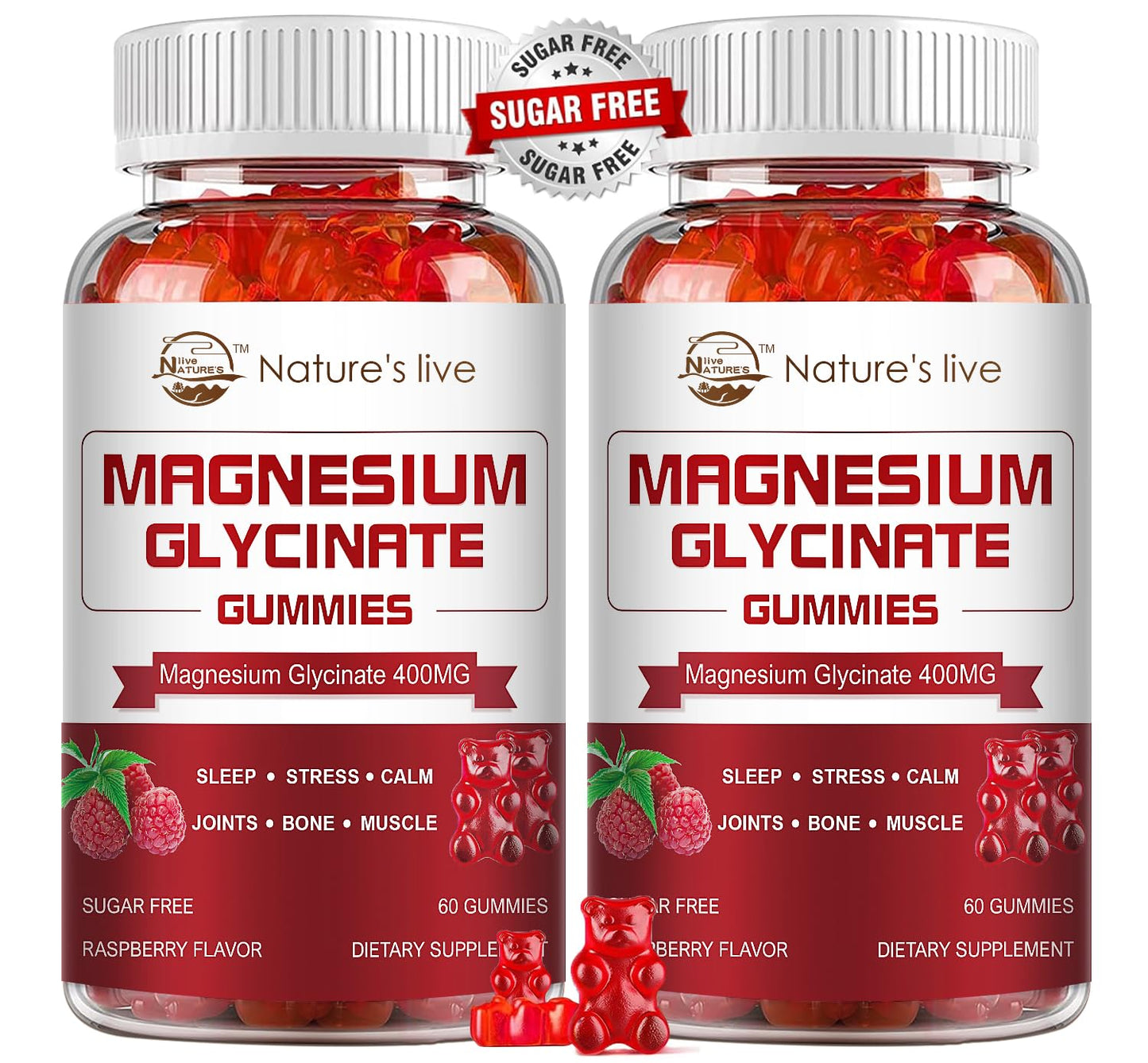Magnesium Glycinate Gummies 400mg + L-Threonate 200mg – Potassium Magnesium Calm Mood & Sleep Gummies, 2 Pack, Raspberry