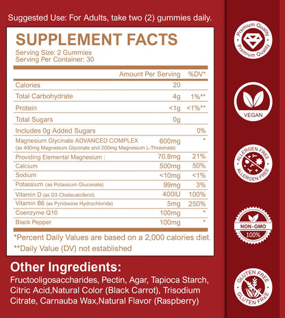 Magnesium Glycinate Gummies 400mg + L-Threonate 200mg – Potassium Magnesium Calm Mood & Sleep Gummies, 2 Pack, Raspberry