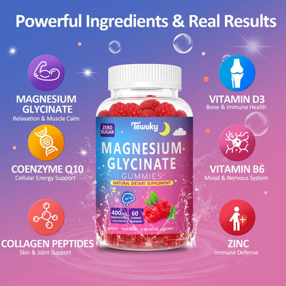Magnesium Glycinate Gummies 400mg – Sugar Free Vegan (60 Raspberry Chewables) – 2 Pack