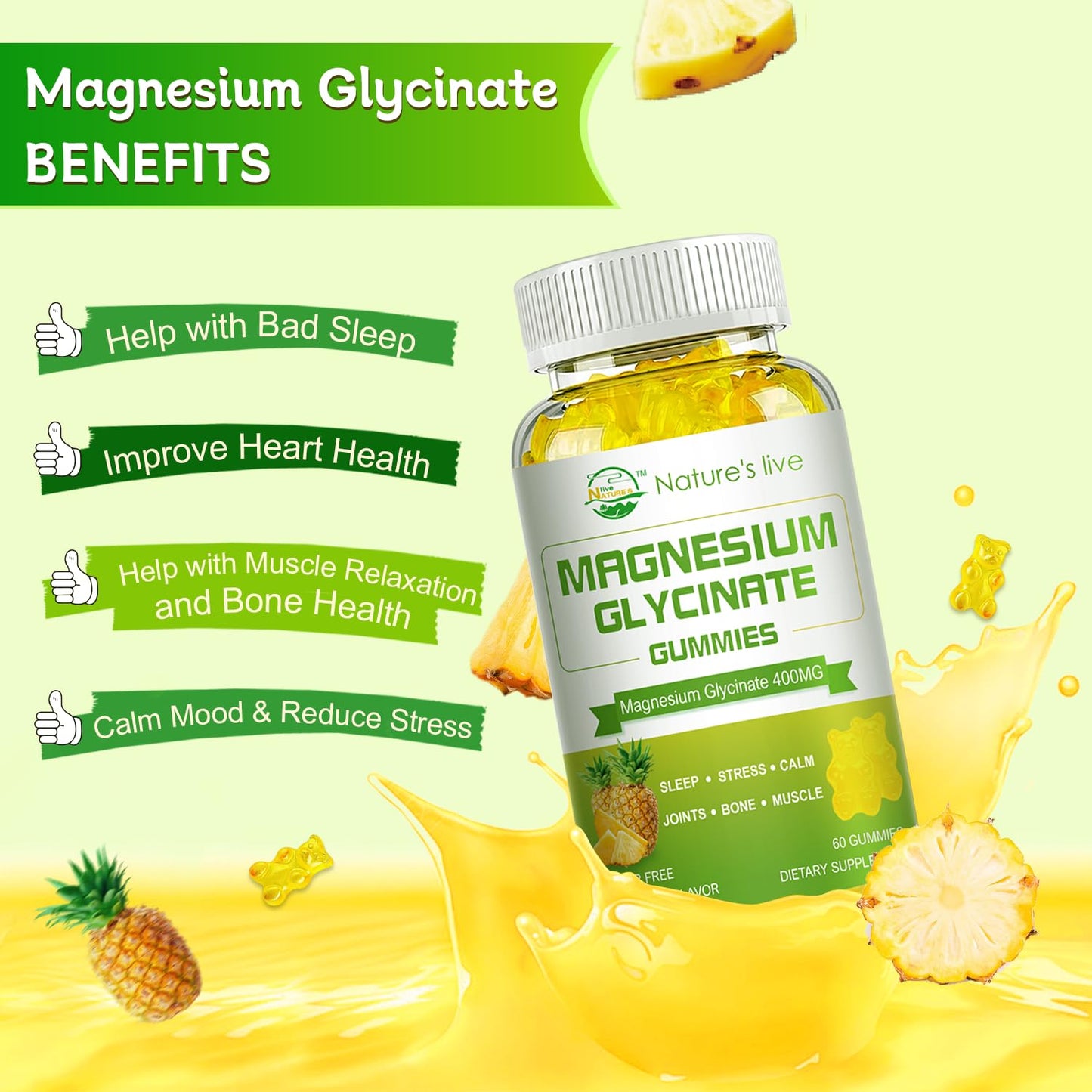 Magnesium Glycinate Gummies – Sugar-Free Magnesium Supplement with 400mg Glycinate + 200mg L-Threonate | 120 Pineapple Gummies