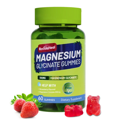 Magnesium Glycinate Gummies 500mg + L-Threonate 300mg – Sugar-Free Magnesium Potassium with Vitamin D, B6, CoQ10 | Strawberry 60 Gummies