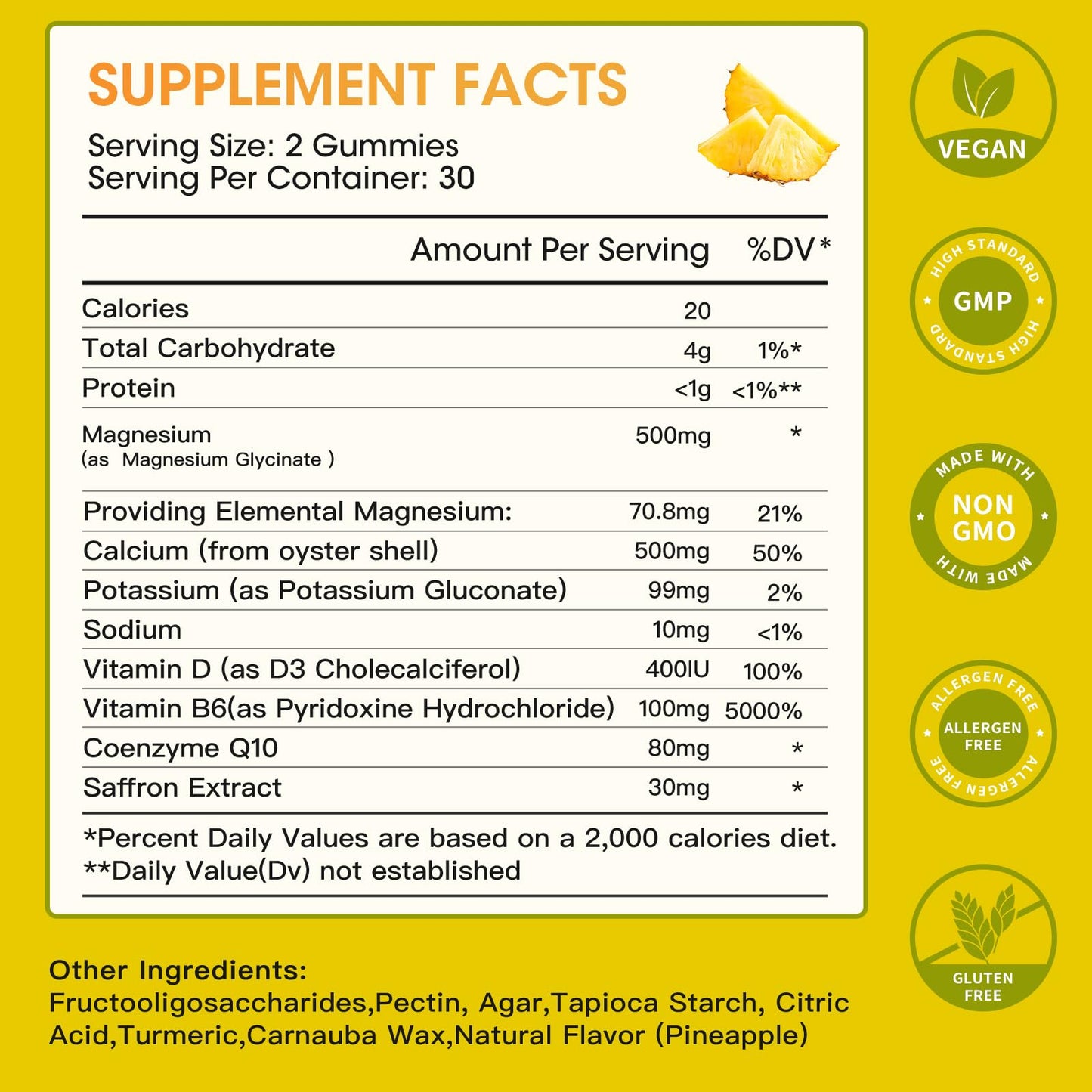Magnesium Glycinate Gummies 500mg – Sleep, Relaxation & Mood Support | 60 Pineapple Gummies