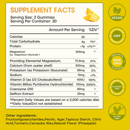 Magnesium Glycinate Gummies 500mg – Sleep, Relaxation & Mood Support | 60 Pineapple Gummies