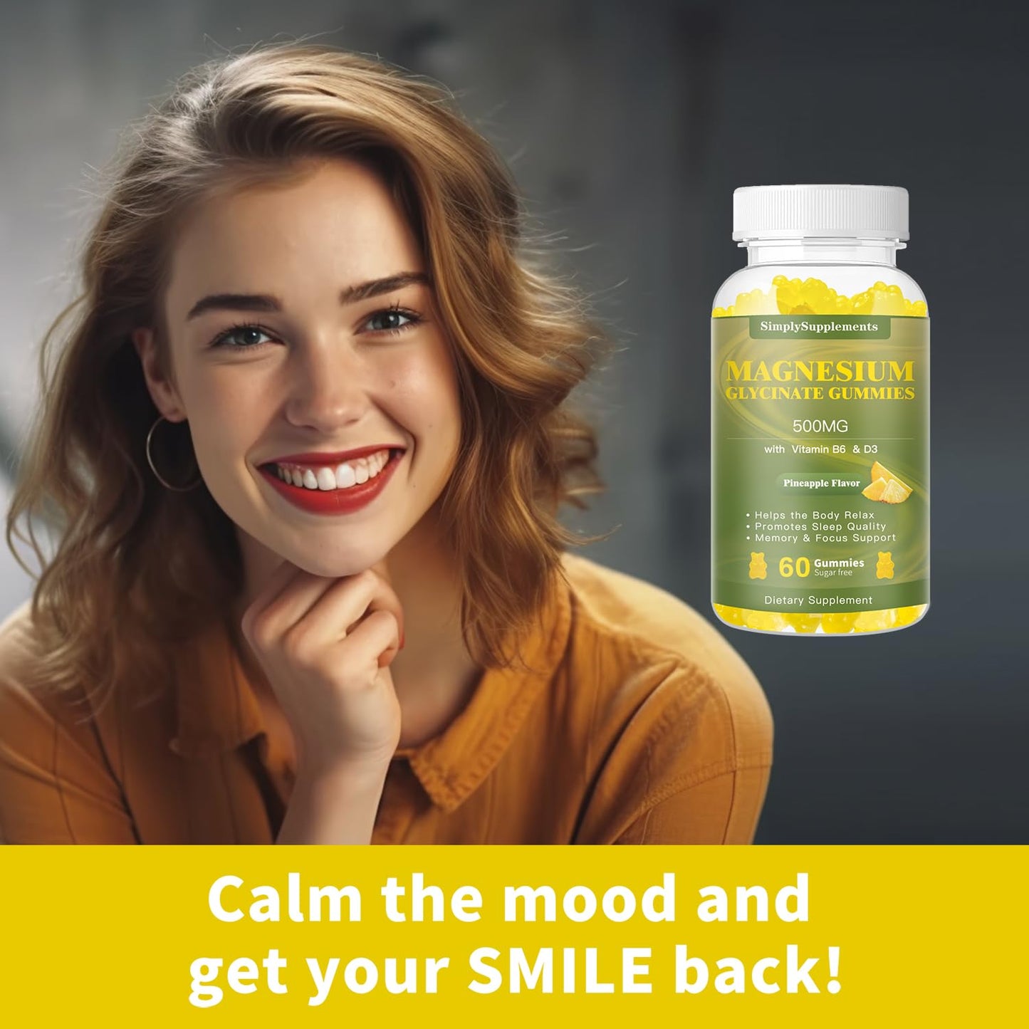 Magnesium Glycinate Gummies 500mg – Sleep, Relaxation & Mood Support | 60 Pineapple Gummies