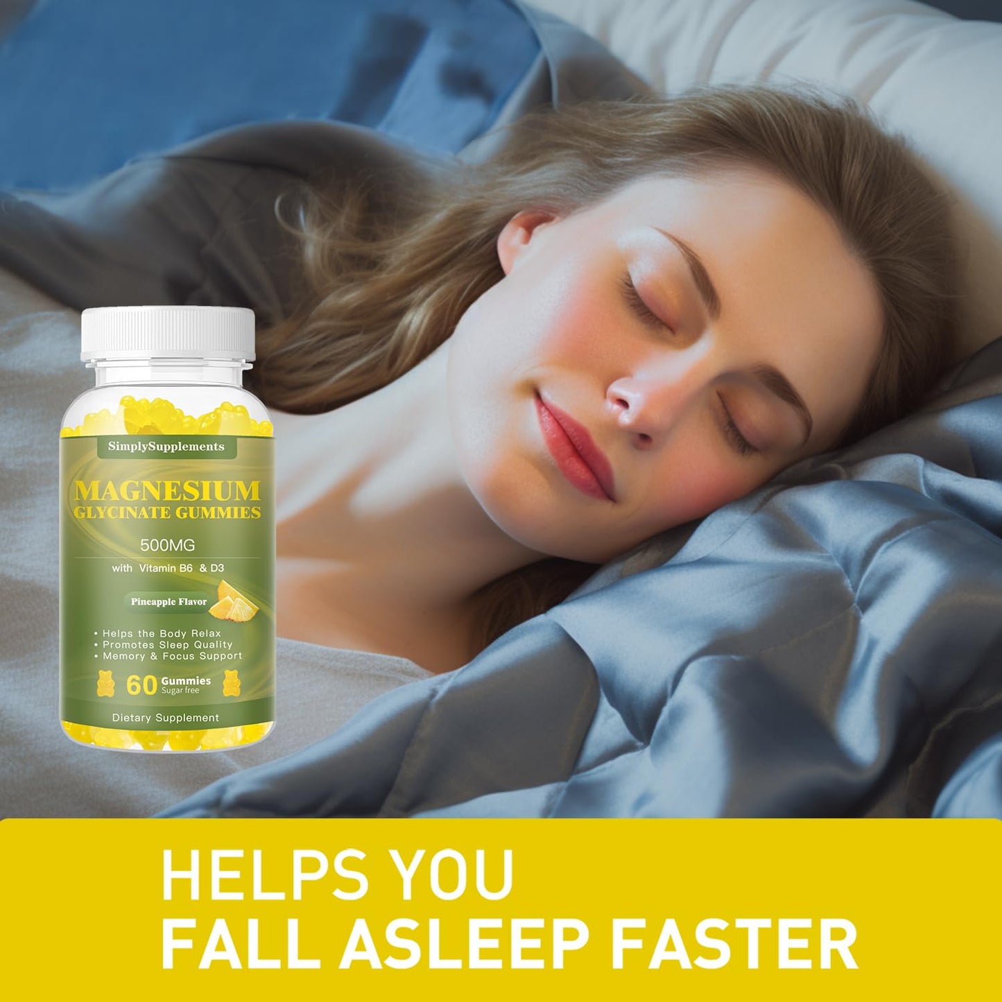 Magnesium Glycinate Gummies 500mg – Sleep, Relaxation & Mood Support | 60 Pineapple Gummies