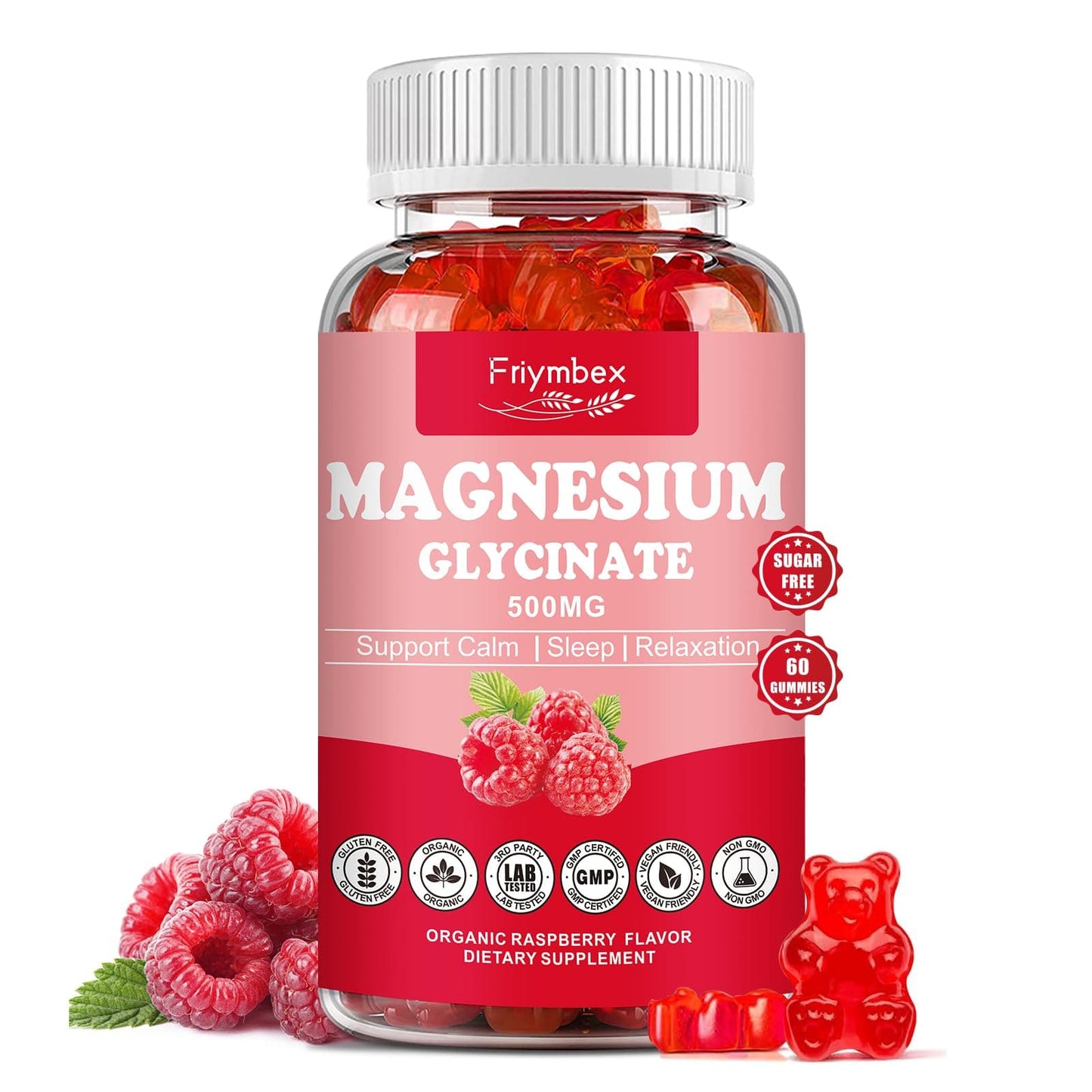 Magnesium Glycinate Gummies 500mg | Relaxation Calm Magnesium Gummies | Sugar-Free | Non-GMO | Gluten-Free | Vegan-Friendly for Adults & Kids (60 Raspberry Gummies)
