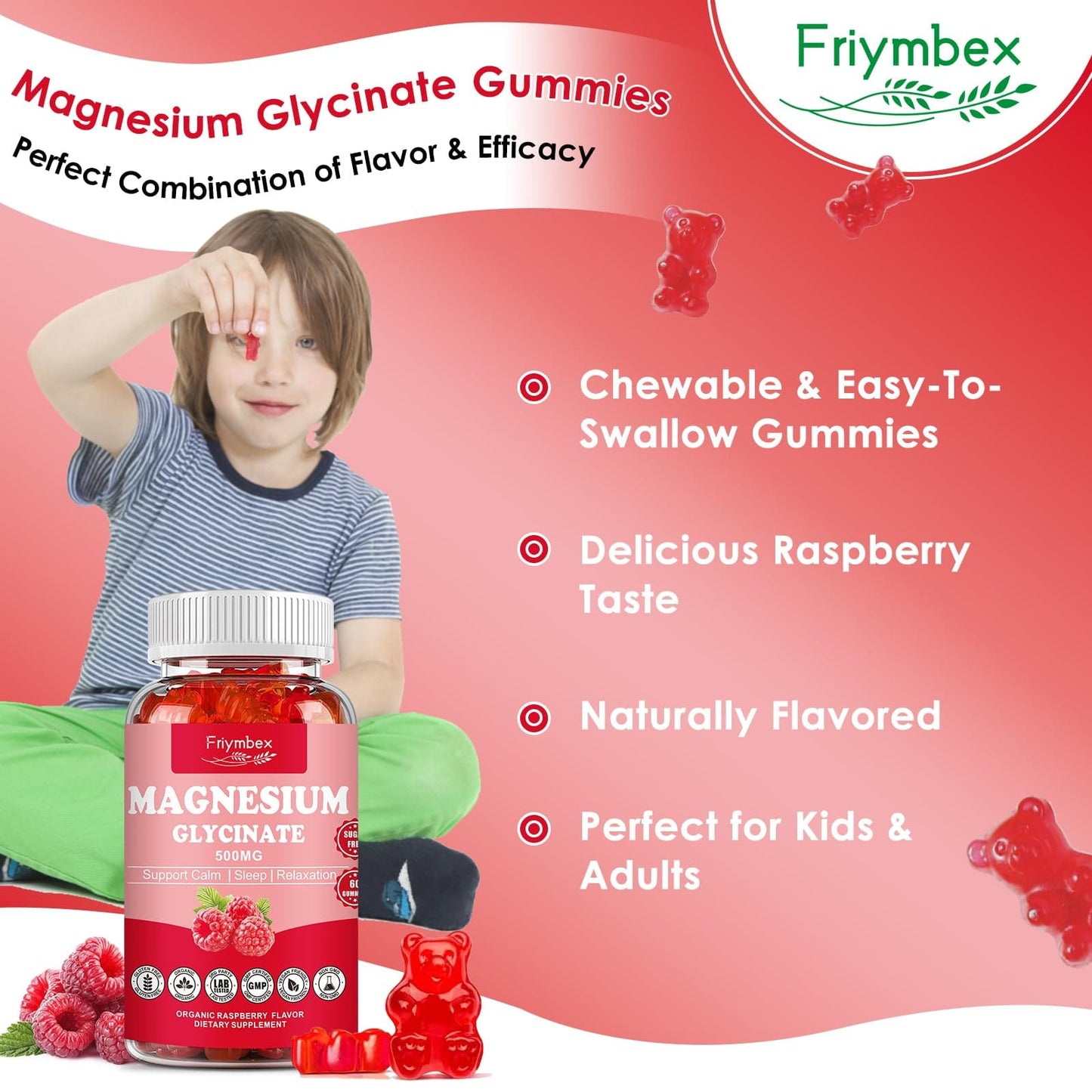 Magnesium Glycinate Gummies 500mg | Relaxation Calm Magnesium Gummies | Sugar-Free | Non-GMO | Gluten-Free | Vegan-Friendly for Adults & Kids (60 Raspberry Gummies)