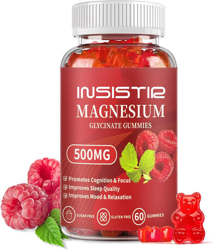 Magnesium Glycinate Gummies 500mg – Sugar Free, Potassium & Vitamin D3 + CoQ10 | Relaxation & Sleep Support | 60 Raspberry Gummies