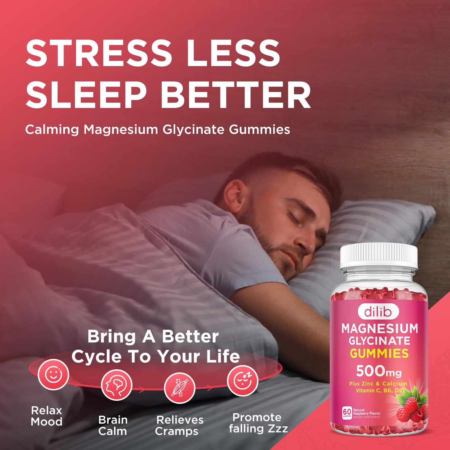 Magnesium Glycinate Gummies 500mg – Sleep, Mood & Muscle Support | Raspberry, 60 Gummies
