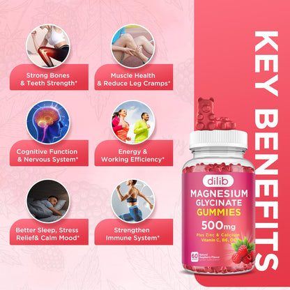 Magnesium Glycinate Gummies 500mg – Sleep, Mood & Muscle Support | Raspberry, 60 Gummies