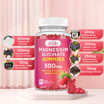 Magnesium Glycinate Gummies 500mg – Sleep, Mood & Muscle Support | Raspberry, 60 Gummies