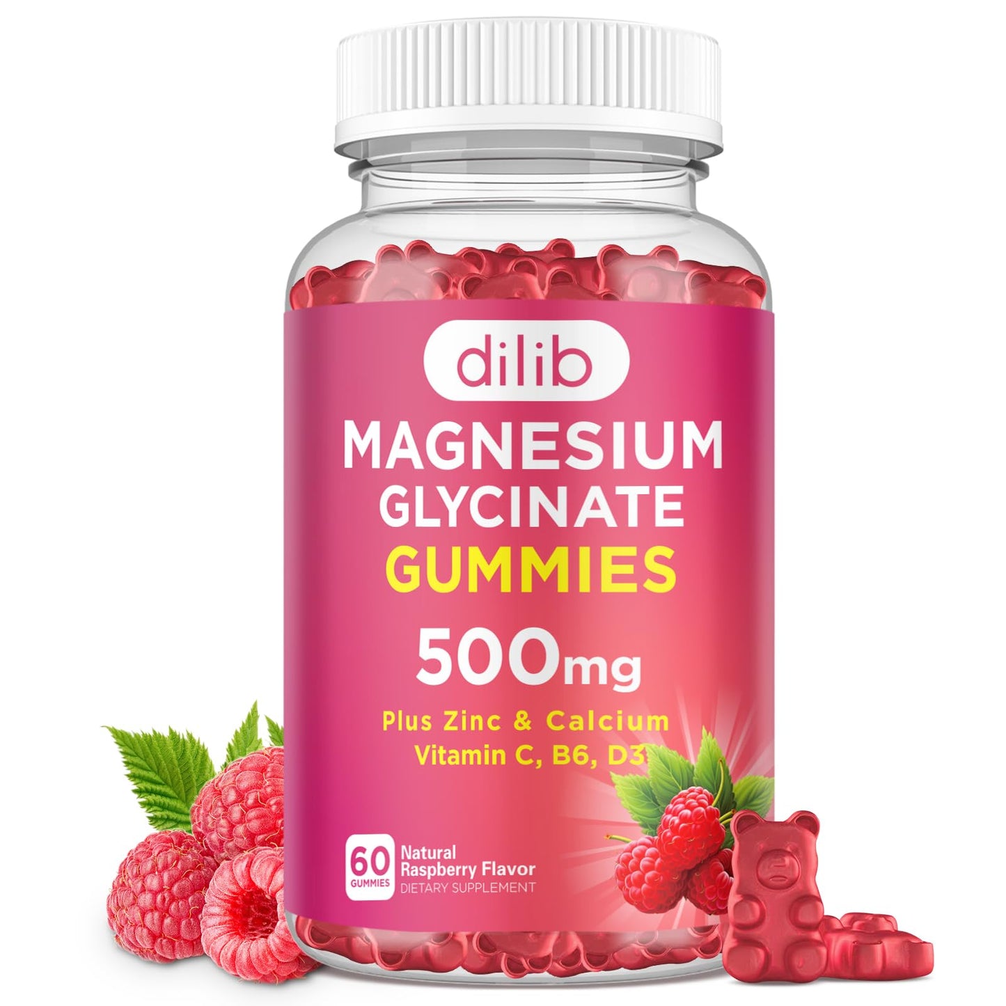 Magnesium Glycinate Gummies 500mg – Sleep, Mood & Muscle Support | Raspberry, 60 Gummies