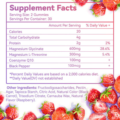 Magnesium Glycinate Gummies 600mg + L-Threonate 300mg, CoQ10, Black Pepper – Vegan (60 Count) | SmildeHeal
