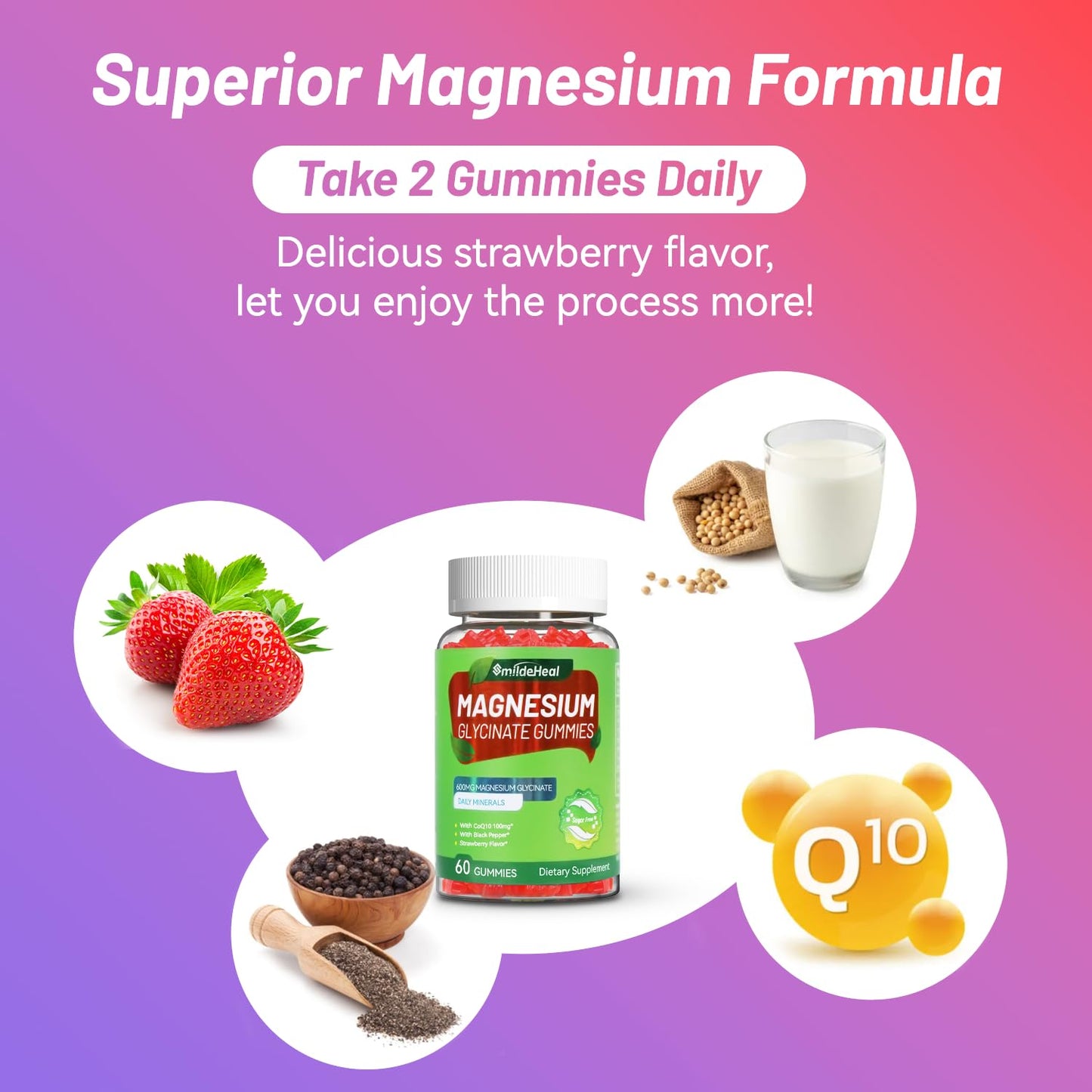Magnesium Glycinate Gummies 600mg + L-Threonate 300mg, CoQ10, Black Pepper – Vegan (60 Count) | SmildeHeal