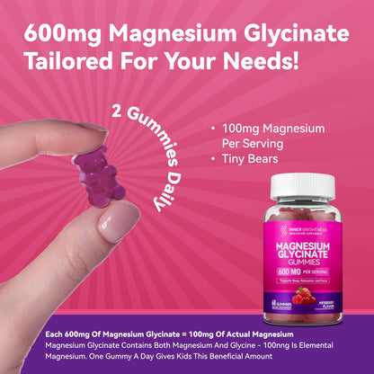 Magnesium Glycinate Gummies 600mg – Non-GMO, Gluten-Free | Sleep, Relaxation & Focus (60 Count)