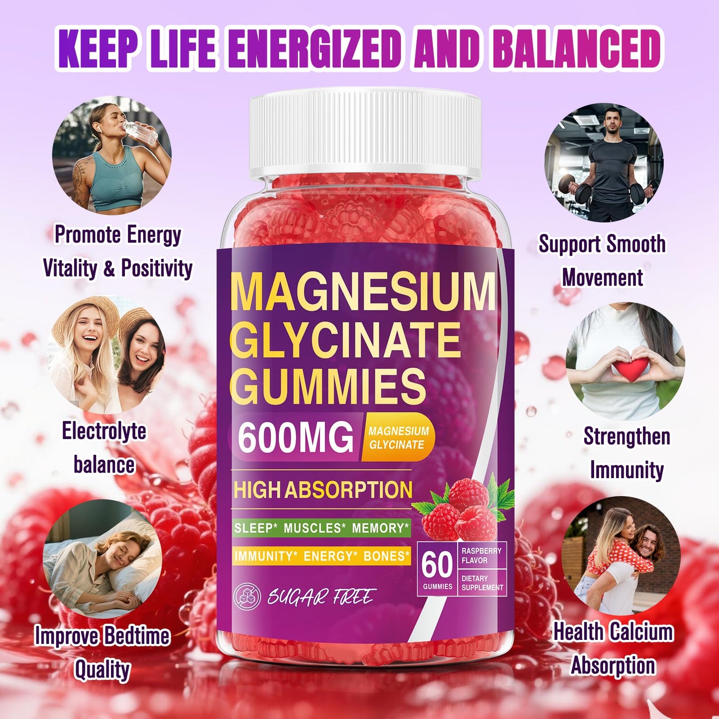 Magnesium Glycinate Gummies 600mg – High Absorption for Sleep & Mood (60 Count)