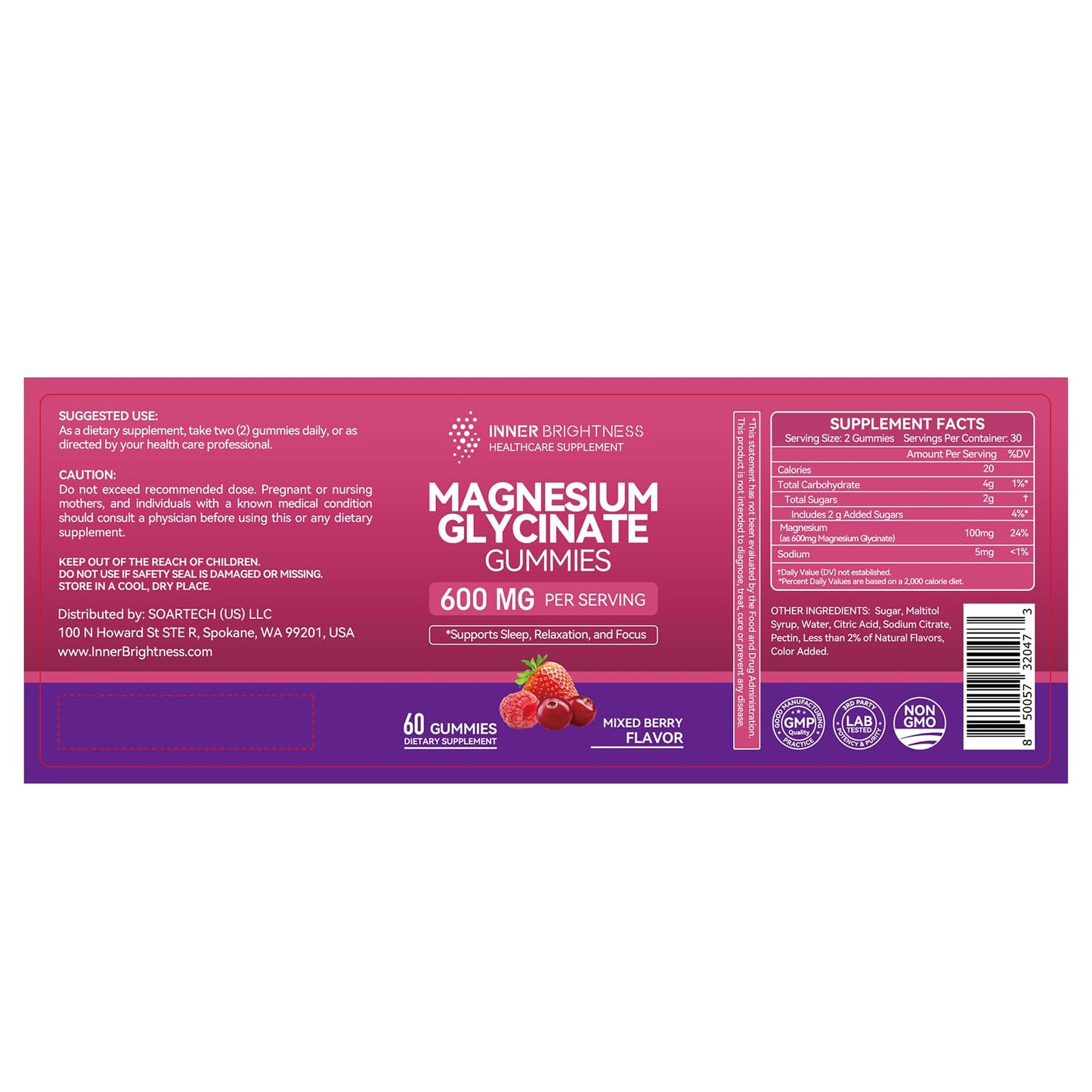 Magnesium Glycinate Gummies 600mg – Non-GMO, Gluten-Free | Sleep, Relaxation & Focus (60 Count)